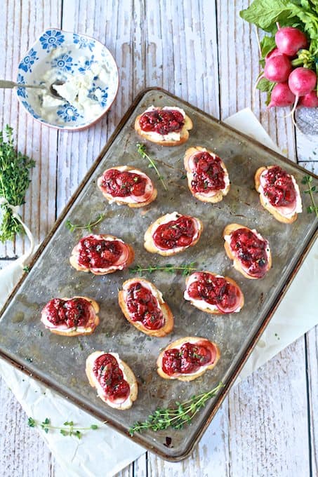 Strawberry Black Pepper Crostini with Burrata and Radishes - TheNoshery.com