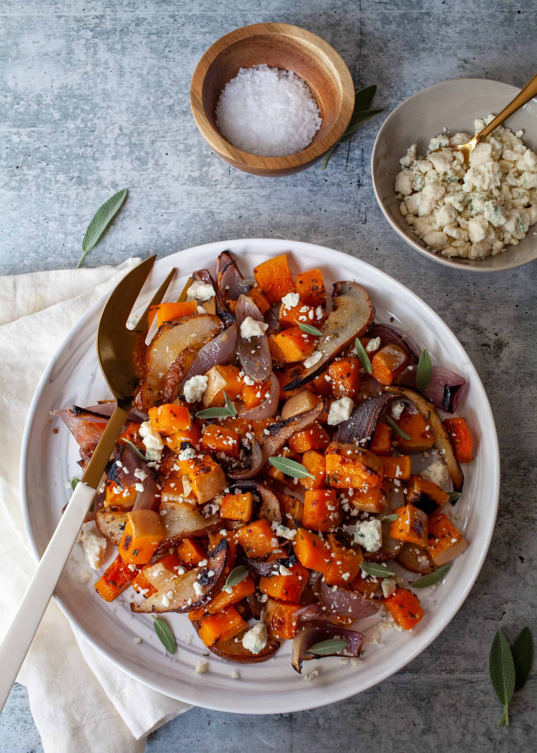 Roasted Butternut Squash and Red Onion with Pears & Blue Cheese The