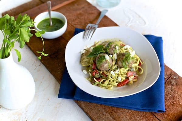 Lamb Meatballs & Mint Pesto Pasta.  It's Greek spaghetti & meatballs | TheNoshery.com - @thenoshery