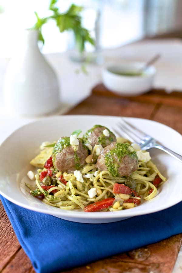 Lamb Meatballs & Mint Pesto Pasta.  It's Greek spaghetti & meatballs | TheNoshery.com - @thenoshery