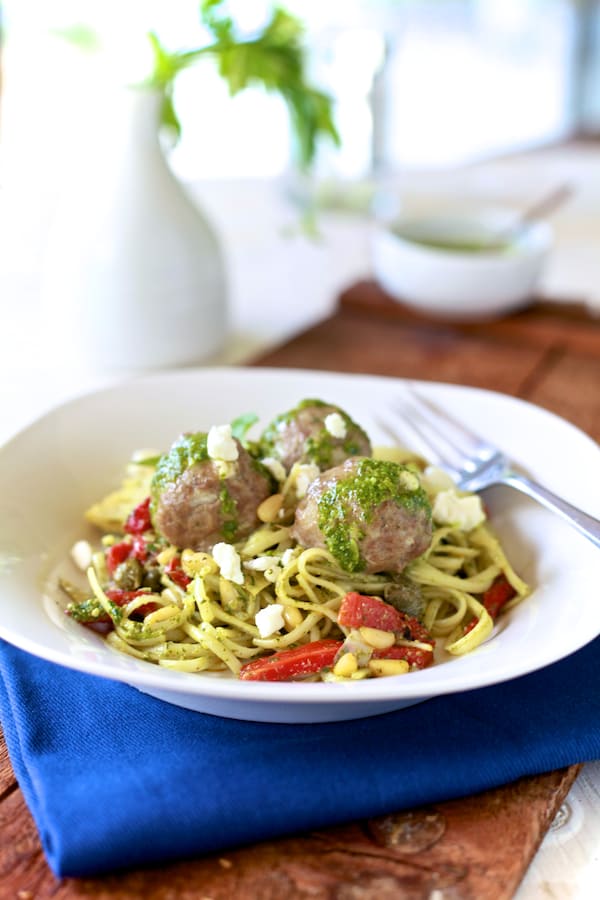 Lamb Meatballs & Mint Pesto Pasta.  It's Greek spaghetti & meatballs | TheNoshery.com - @thenoshery