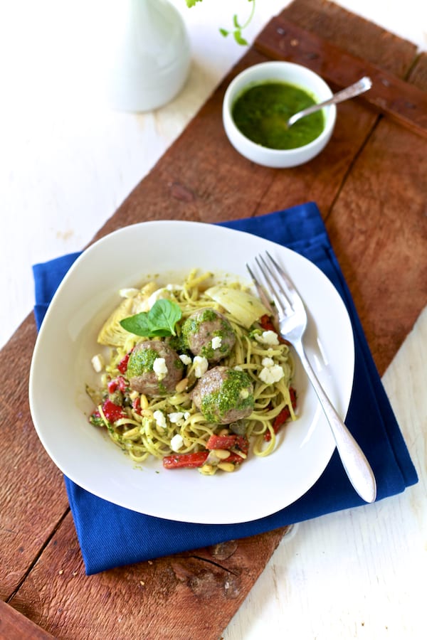 Lamb Meatballs & Mint Pesto Pasta.  It's Greek spaghetti & meatballs | TheNoshery.com - @thenoshery