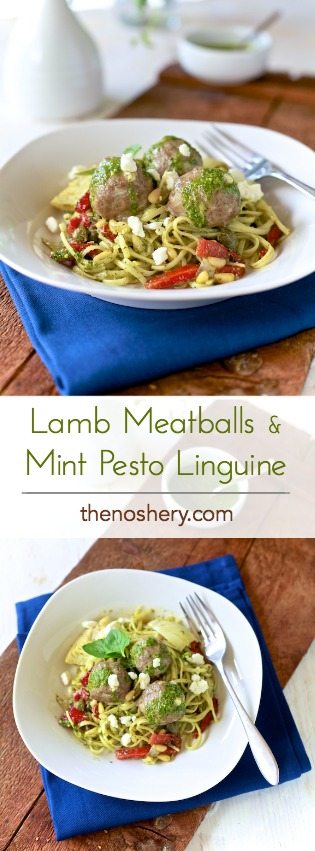 Lamb Meatballs & Mint Pesto | Lamb meatballs over pasta with mint pesto is a Greek twist on the familiar spaghetti and meatballs comfort food. | TheNoshery.com - @thenoshery