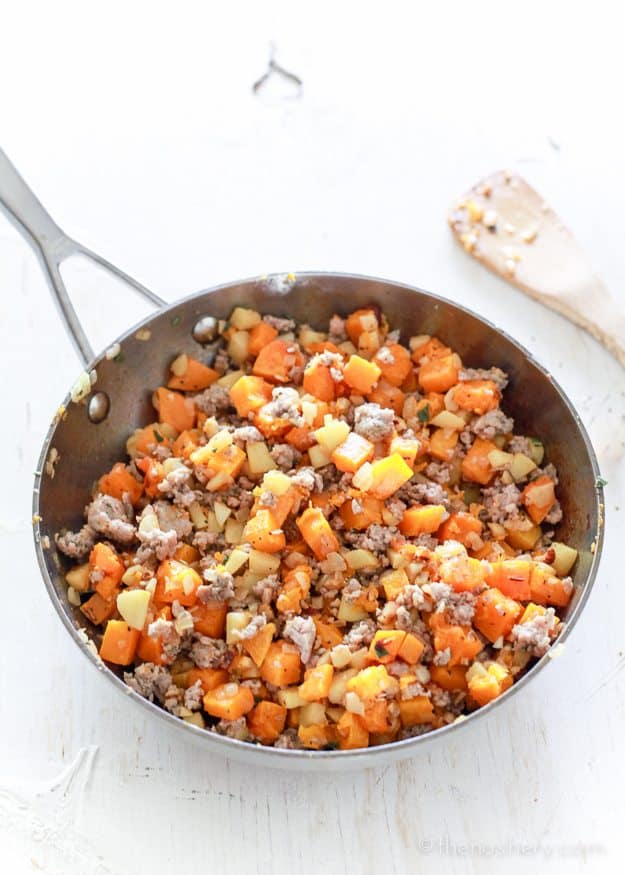 Butternut & Sausage Hash Rustic Lasagna with Sage Cream Sauce. Made with homemade pasta.