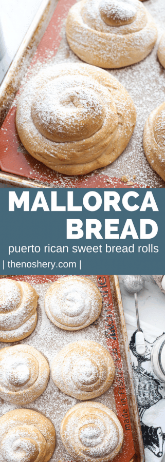 Mallorca Bread: Puerto Rican Sweet Bread Rolls (Pan De Mallorca) | Mallorca bread is Puerto Rican sweet rolls. They are plump, fluffy, buttery rolls dusted with powdered sugar. The perfect compliment to a cup of coffee. | The Noshery Mallorca Bread: Puerto Rican Sweet Bread Rolls (Pan De Mallorca) | TheNoshery.com