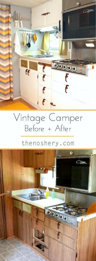 Vintage Camper Before and After | Vintage 1972 Arrow Flite camper turned glamper. DIY renovation. Modern details. Wood vinyl floors. Yellow, white and grey palette. | TheNoshery.com - @thenoshery