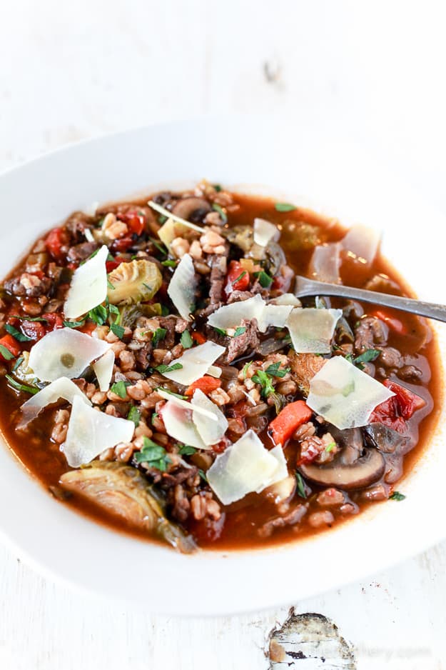 Rustic Beef & Mushroom Farro Soup - TheNoshery.com