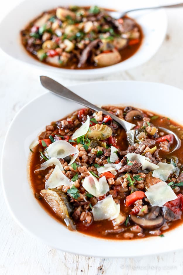 Rustic Beef & Mushroom Farro Soup - TheNoshery.com