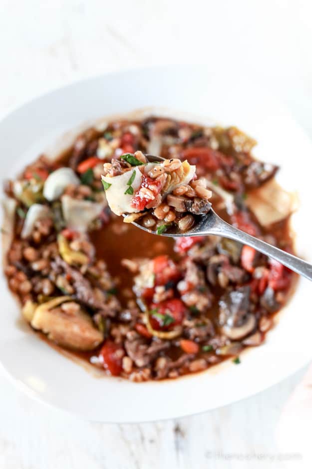 Rustic Beef & Mushroom Farro Soup - TheNoshery.com