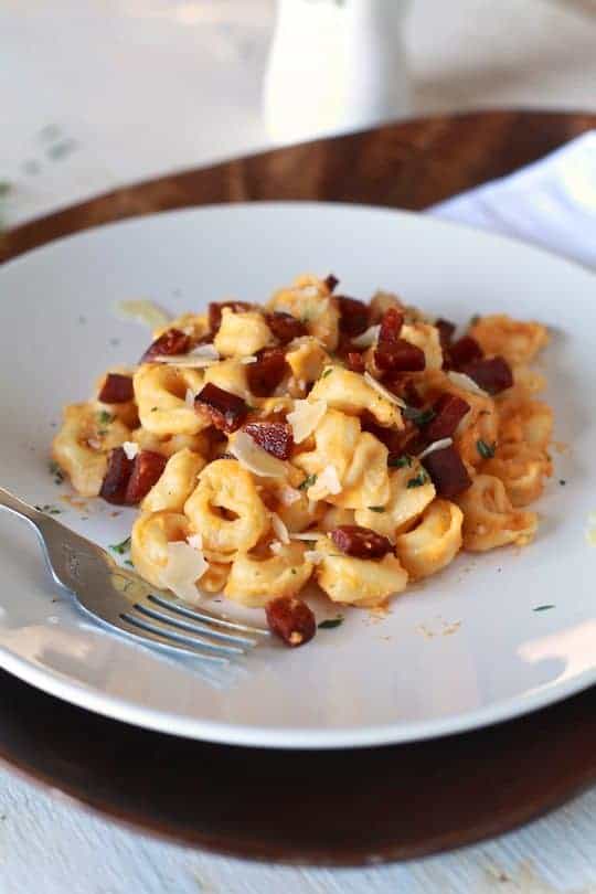 Tortellini with Chorizo and Orange Scented Sweet Potato Sauce