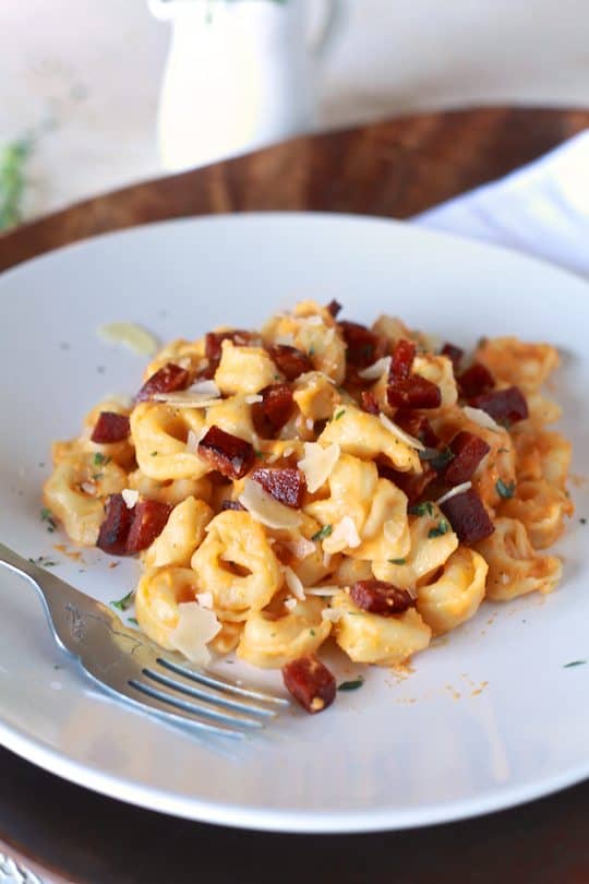 Tortellini with Chorizo and Orange Scented Sweet Potato Sauce - The Noshery