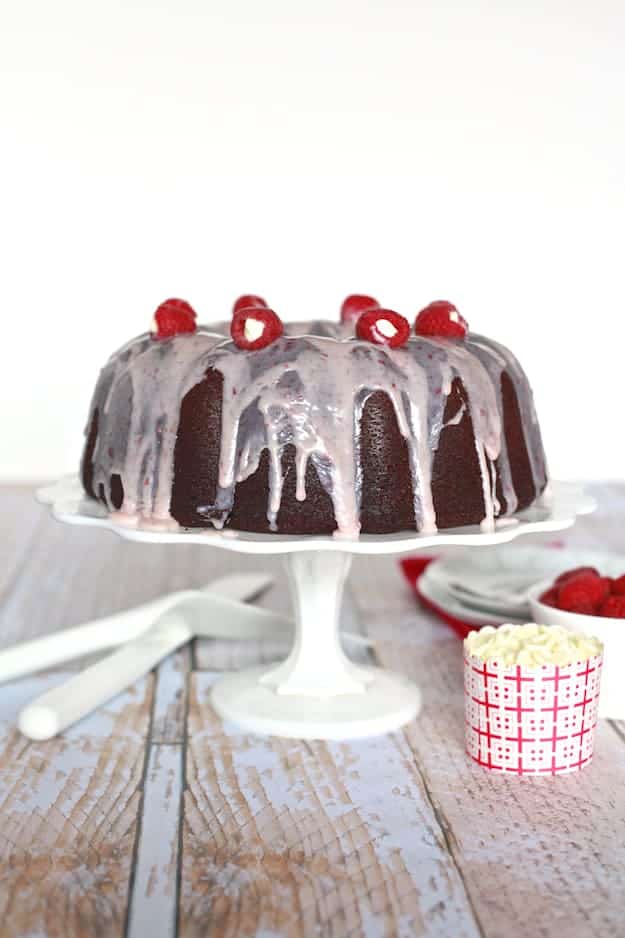 Valentine’s Chocolate Raspberry Bundt Cake with White Chocolate Glaze