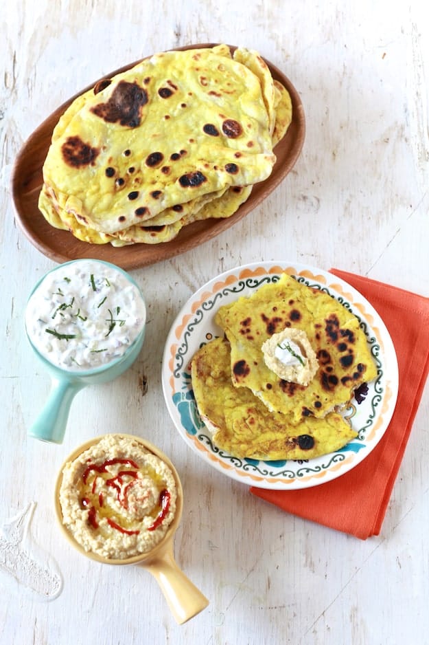 Naan Bread with Curry Butter, Yogurt Dip and Spicy Hummus