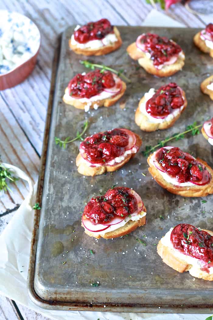 Strawberry Black Pepper Crostini with Burrata and Radishes - TheNoshery.com