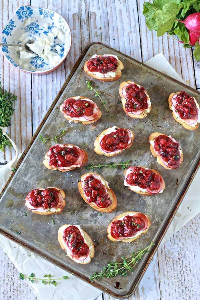 Strawberry Black Pepper Crostini with Burrata and Radishes - TheNoshery.com