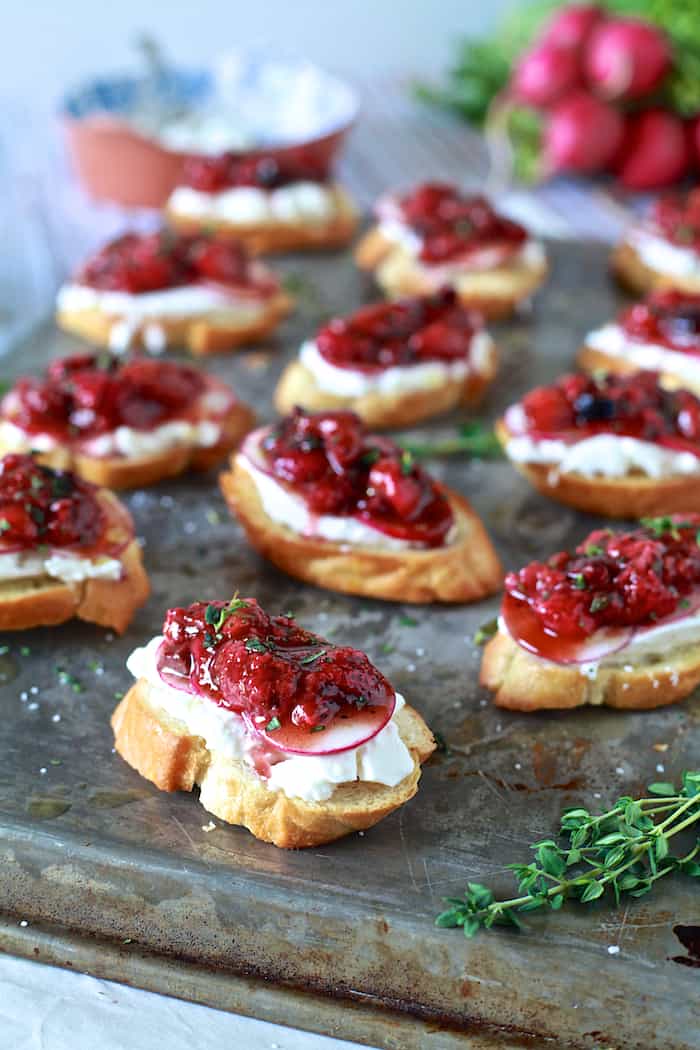 Strawberry Black Pepper Crostini with Burrata and Radishes - TheNoshery.com