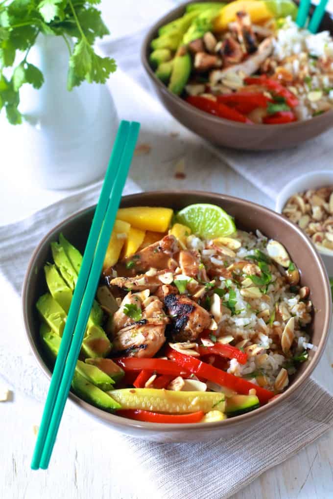 Asian Chicken & Coconut Rice Bowls - TheNoshery.com