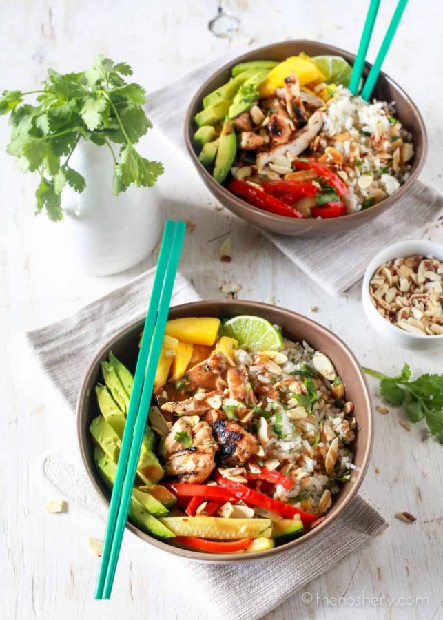 Asian Chicken and Toasted Coconut Rice Bowls - The Noshery