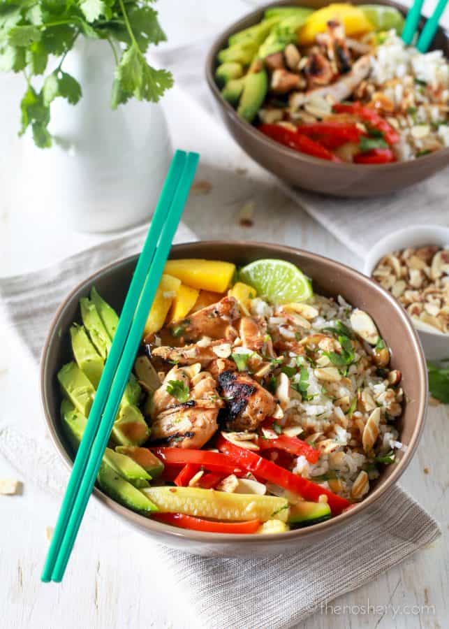 Asian Chicken and Toasted Coconut Rice Bowls - The Noshery