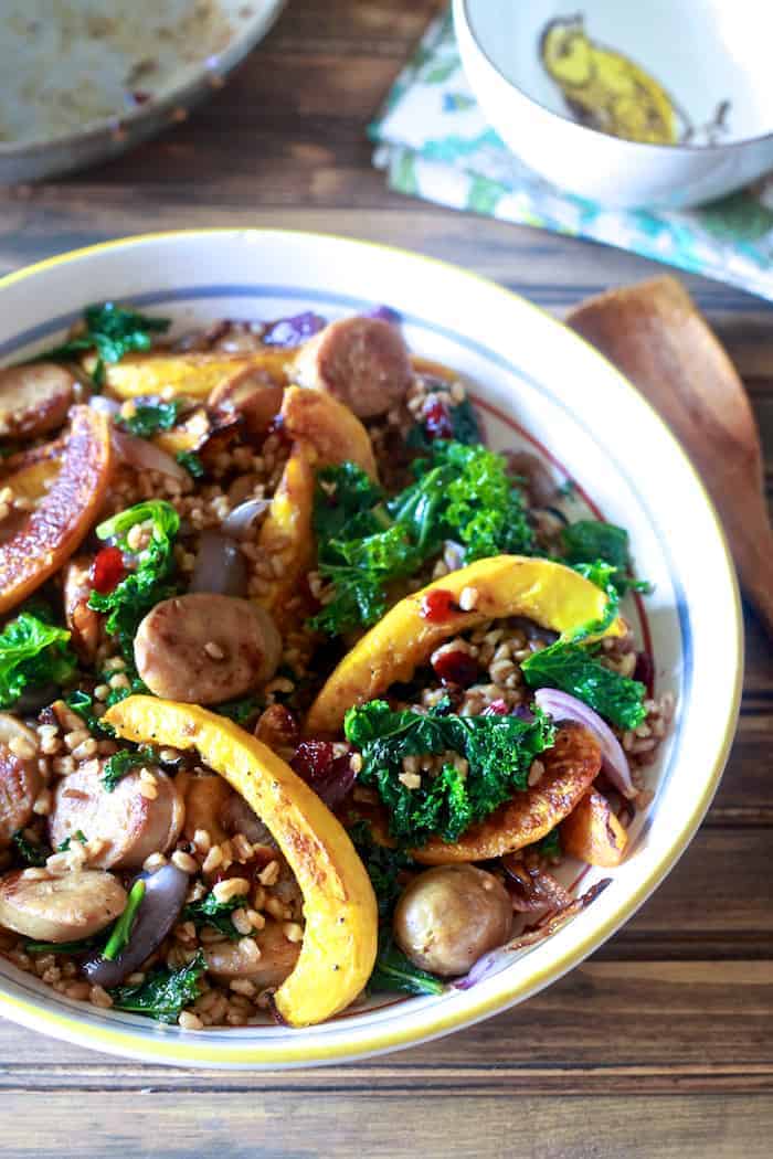 Toasted Farro With Acorn Squash Kale And Chicken Sausage The Noshery