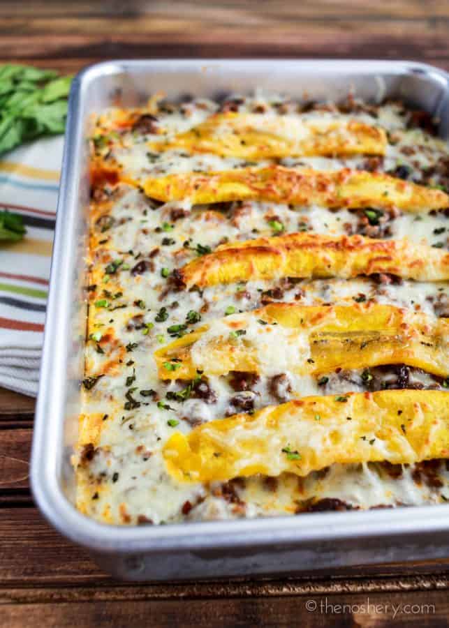 Puerto Rican Pastelon (Sweet Plantain Lasagna) | Sweet plantain strips fried and laid between layers of savory meat and cheese. Pastelon is one of my favorite dishes from childhood. | The Noshery