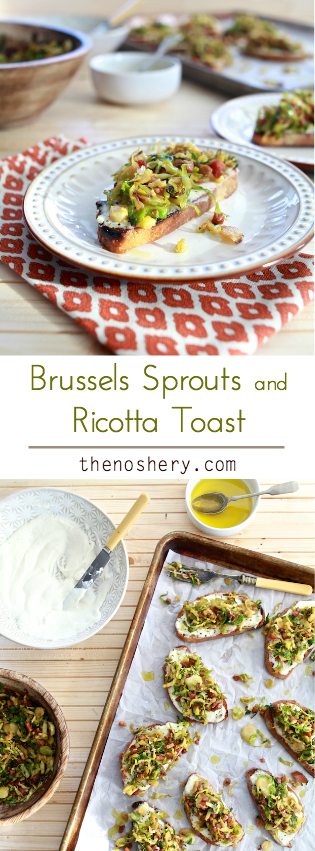 Brussels Sprouts and Ricotta Toast | Hearty toast topped with whipped ricotta cheese, shaved brussels sprouts and pancetta. | TheNoshery.com - @thenoshery