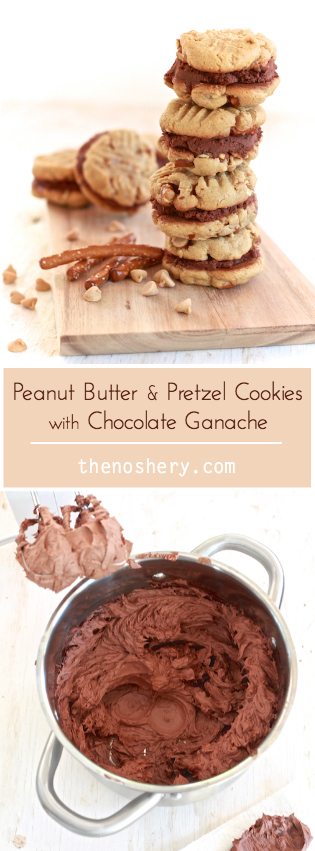 Peanut Butter & Pretzel Cookies with Chocolate Ganache | Peanut butter  sandwich cookies with pretzel pieces and chocolate ganache. | TheNoshery.com - @thenoshery