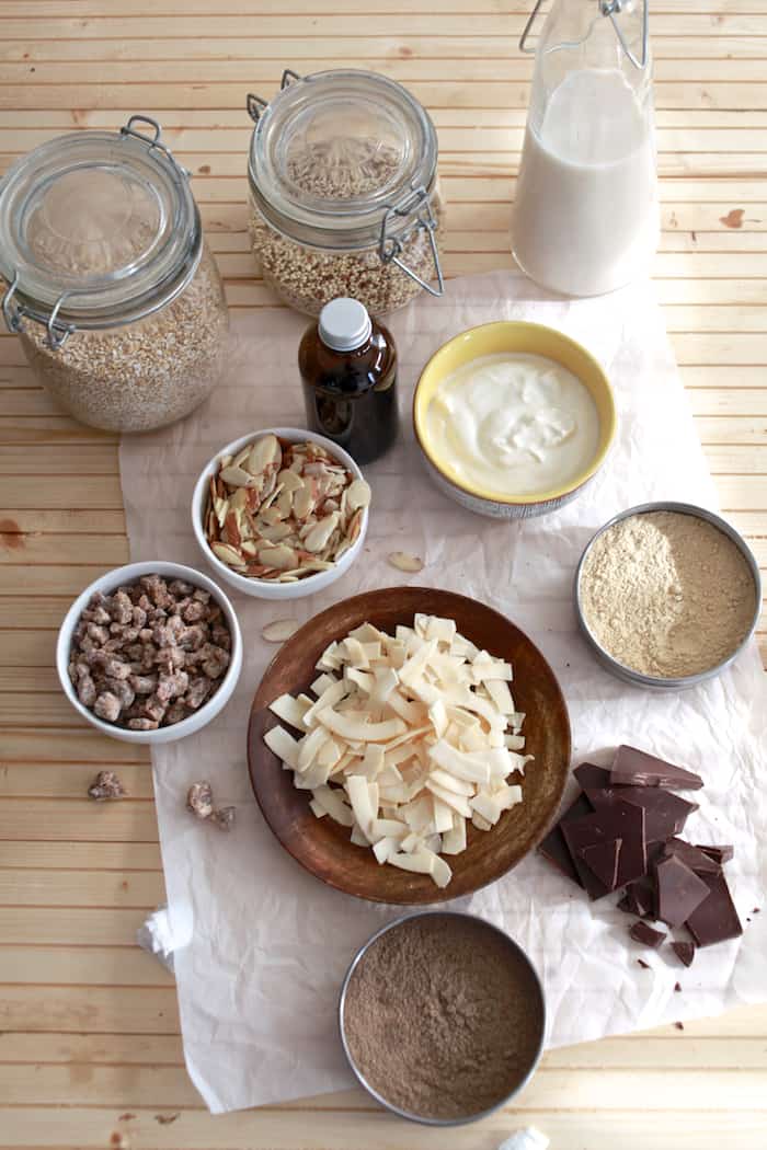 Spiced Ancient Grain Cereal | A hearty hot breakfast cereal made quinoa and steel cut oats. Spiced with cardamon and ginger and topped with dark chocolate, almonds and dates. |TheNoshery.com - @TheNoshery