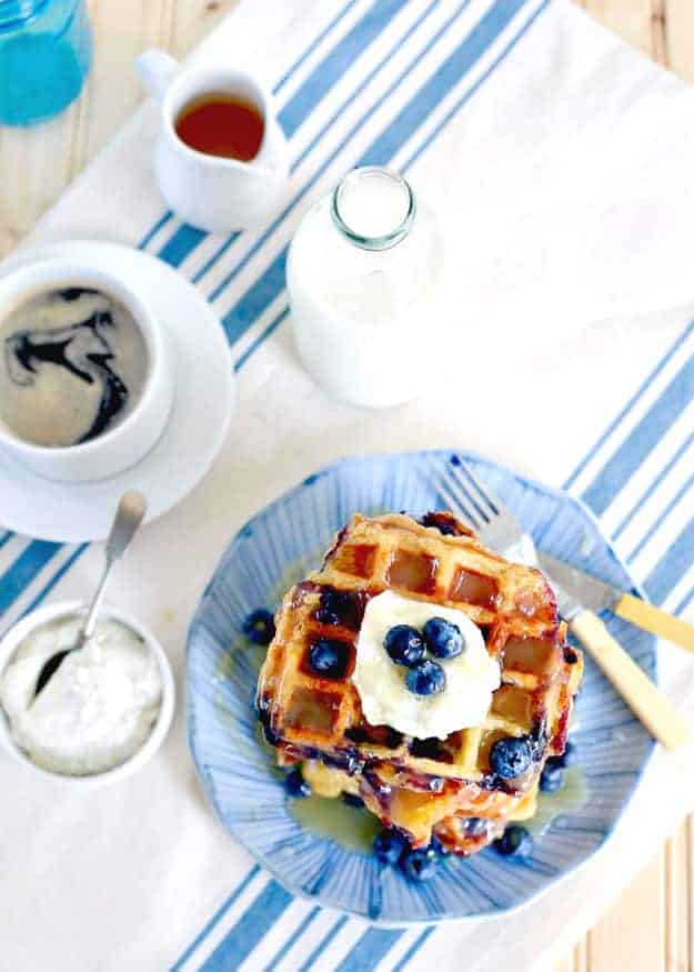 Blueberry Bread Pudding Waffles with Lemon Curd | The Noshery