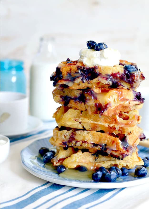 Blueberry Bread Pudding Waffles with Lemon Curd | The Noshery