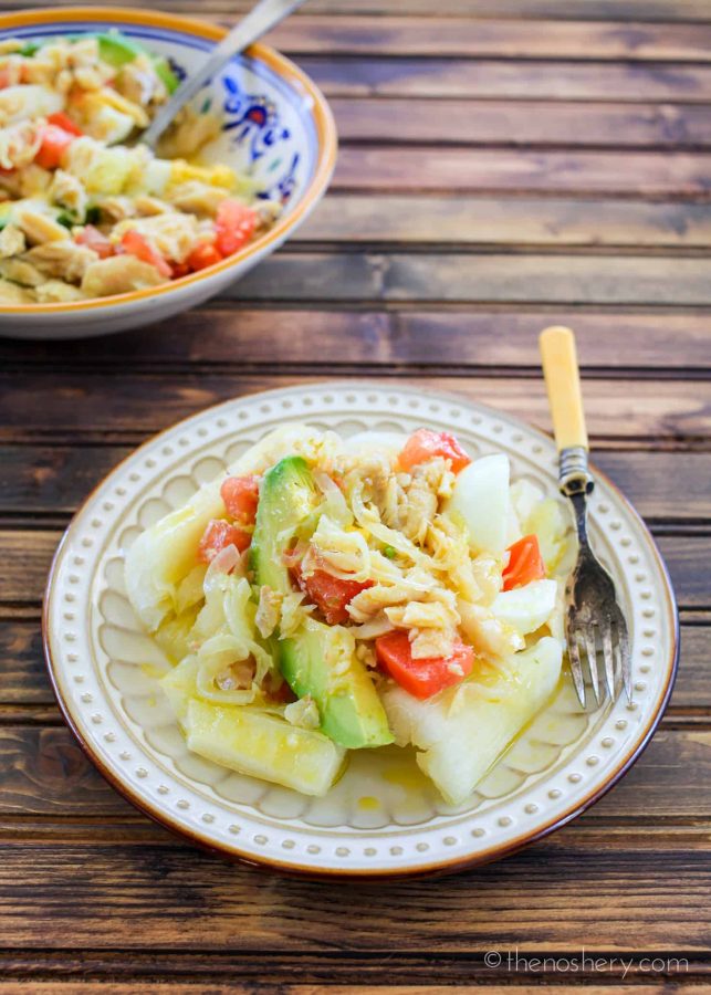 Ensalada de Bacalao Recipe (Salted Cod Salad) | One of my favorite easy make ahead meals. Served chilled or room temperature it's the perfect recipe for the summer. | The Noshery