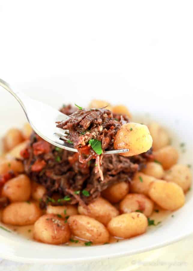 Braised Beef in Red Wine on a fork with pan fried gnocchi potato dumplings. | The Noshery