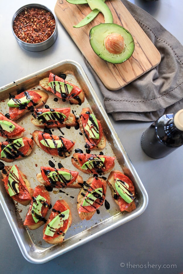 Avocado and Chorizo Toasts with Balsamic Glaze | The Noshery