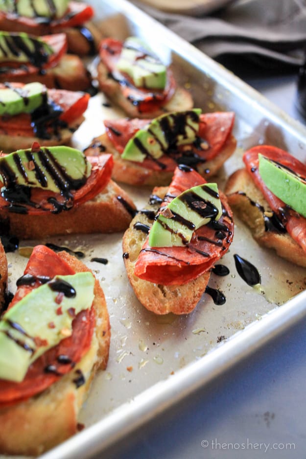 Avocado and Chorizo Toasts with Balsamic Glaze | The Noshery