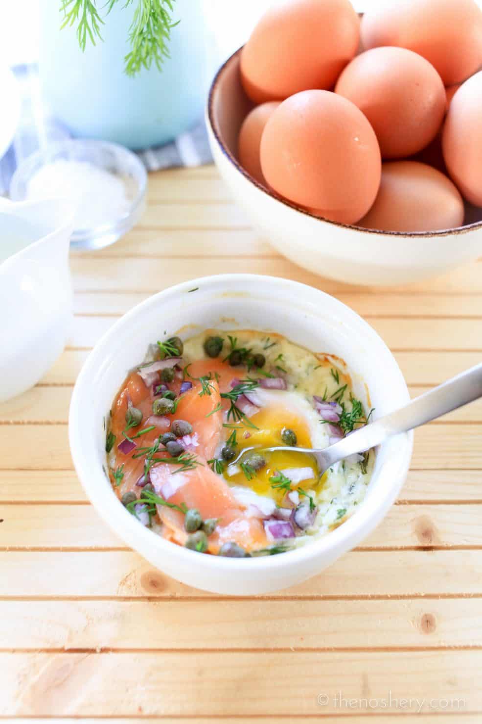 Baked Eggs with Smoked Salmon [VIDEO] | TheNoshery.com