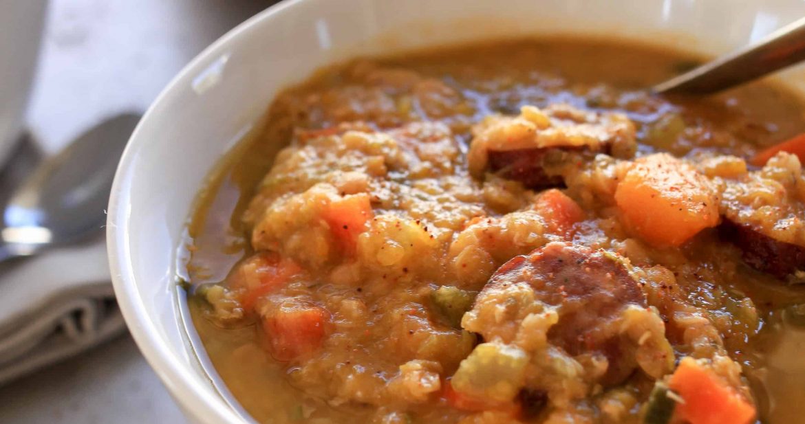 Slow Cooker Cajun Red Lentil and Butternut Soup | The Noshery