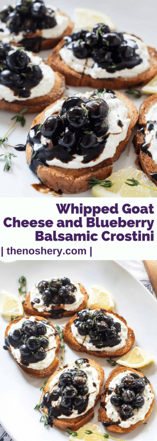 Whipped Goat Cheese and Blueberry Balsamic Crostini | Blueberries, goat cheese, and balsamic reduction are paired to make a simple and elegant crostini, the perfect appetizer for your next fabulous party. | The Noshery