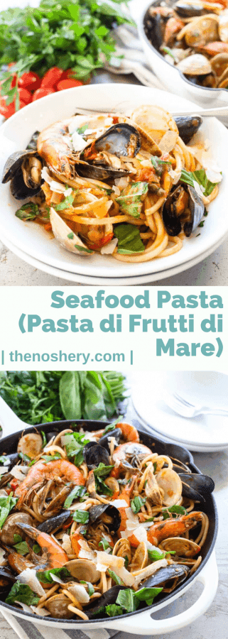 Seafood Pasta (Pasta di Frutti di Mare) | I love seafood pasta! Specifically seafood pasta with shellfish. It's not a dish you want to eat on a first date. It's long saucy messy noodles and a lot of man-handling of shellfish. | The Noshery Seafood Pasta (Pasta di Frutti di Mare) | The Noshery