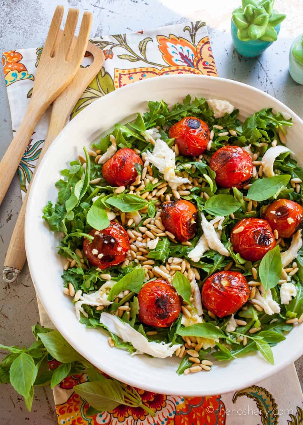 Blistered Tomato Mozzarella and Arugula Salad - The Noshery