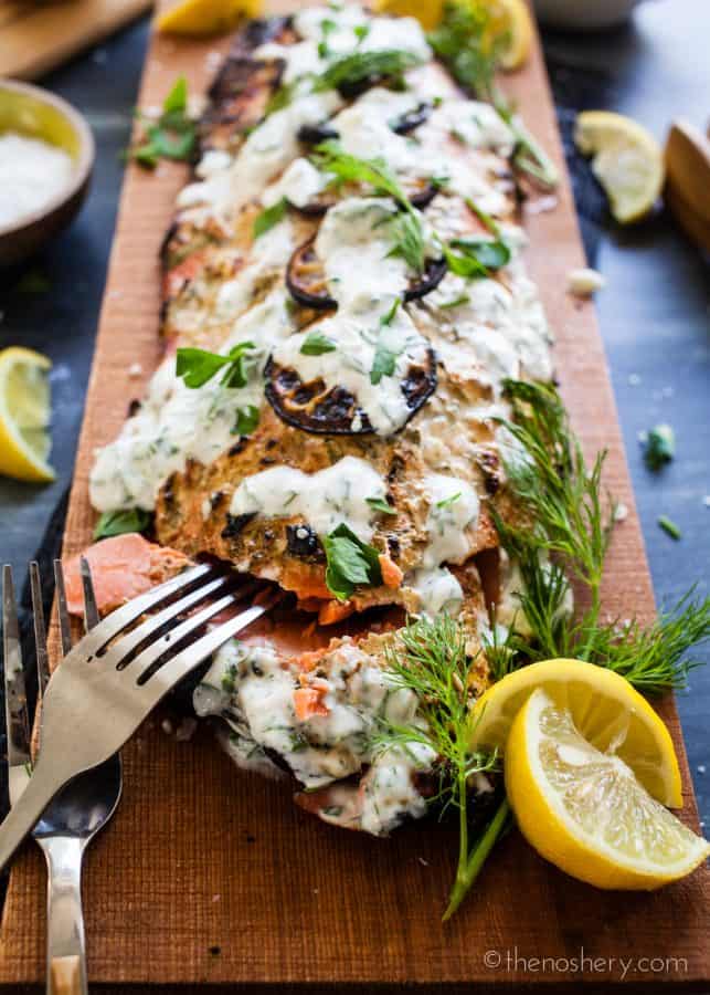 Cedar Plank Salmon with Herb Yogurt | TheNoshery.com