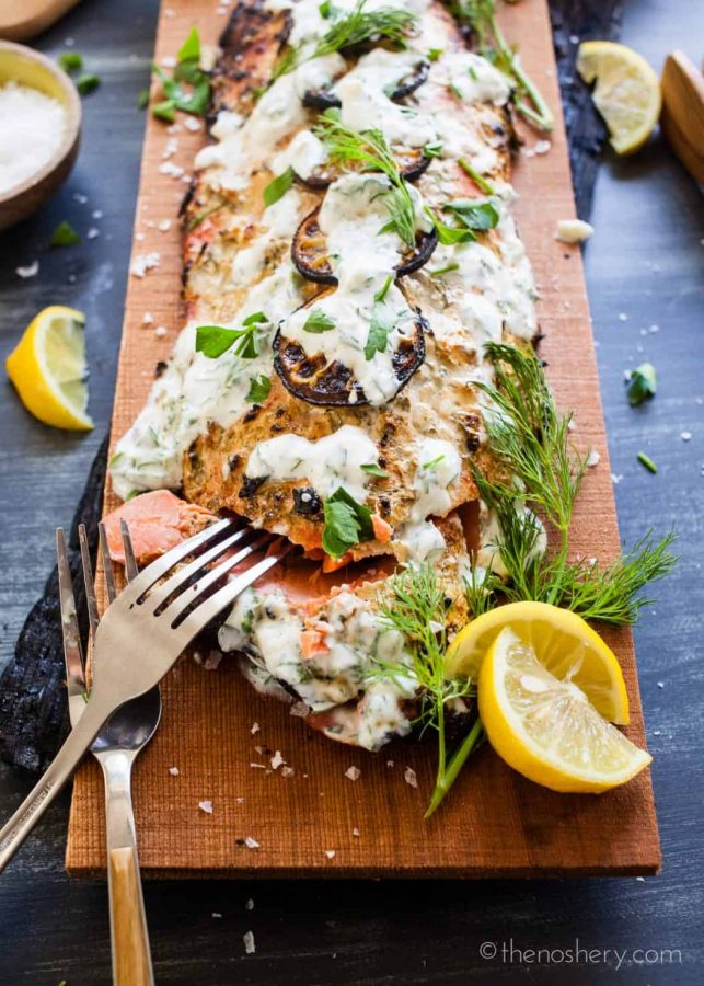 Cedar Plank Salmon with Herb Yogurt | TheNoshery.com