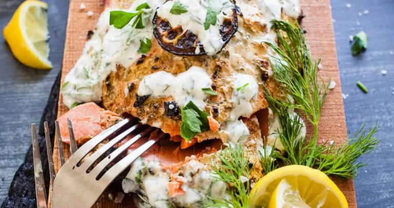 Cedar Plank Salmon with Herb Yogurt | TheNoshery.com