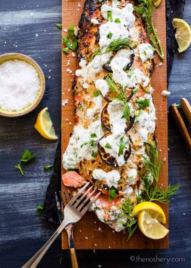 Cedar Plank Salmon with Herb Yogurt | TheNoshery.com