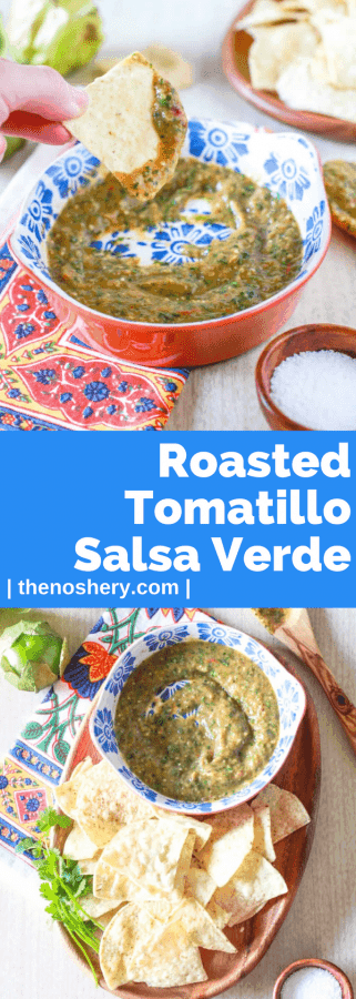 Roasted Tomatillo Salsa Verde | Roasted tomatillo salsa verde is fresh, tart, and simple to make. This recipe is full of cilantro, lime, and just a hint of heat. Eat it with everything! | The Noshery Roasted Tomatillo Salsa Verde | The Noshery