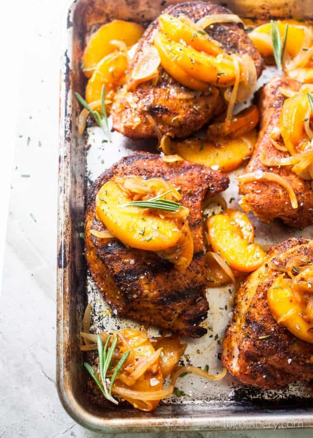 BBQ Rubbed Pork Chops and Peaches