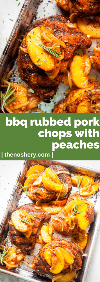 BBQ Rubbed Pork Chops and Peaches | Pork is classically paired with apples. This summer version pairs BBQ dry rubbed pork chops with sautéed peaches. A simple and healthy dinner. | The Noshery BBQ Rubbed Pork Chops & Peaches | The Noshery
