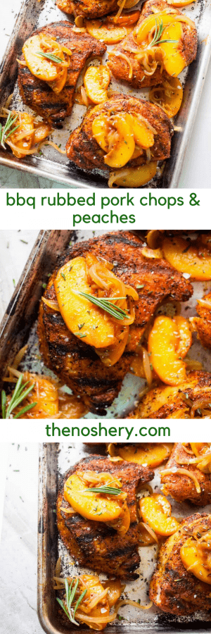 BBQ Rubbed Pork Chops and Peaches | Pork is classically paired with apples. This summer version pairs BBQ dry rubbed pork chops with sautéed peaches. A simple and healthy dinner. | The Noshery BBQ Rubbed Pork Chops & Peaches | The Noshery