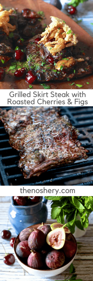 Grilled Skirt Steak with Roasted Cherries & Figs | Grilled skirt steak that has been marinated in a mint & rosemary marinade. Topped with roasted cherries and figs and then finished off with crispy onion straws. | The Noshery Grilled Skirt Steak with Roasted Cherries & Figs | The Noshery