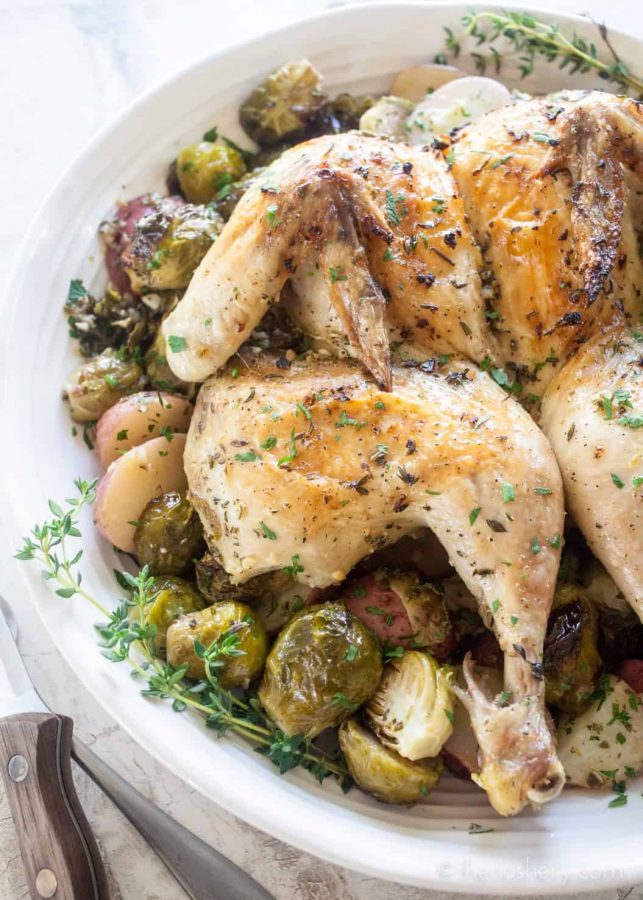 Lemon Garlic Spatchcock Chicken Dinner | Platter of whole spatchcock chicken on a bed of roasted Brussels sprouts and potatoes. | The Noshery