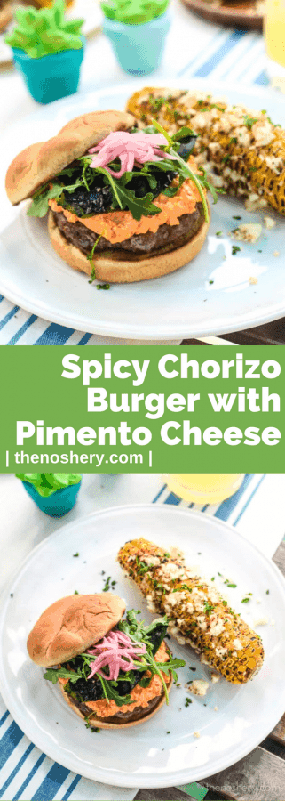Spicy Chorizo Burger with Pimento Cheese | Grilled beef and pork chorizo burger patties topped with pimento cheese, pickled onions and roasted poblano on a toasted bun. | The Noshery